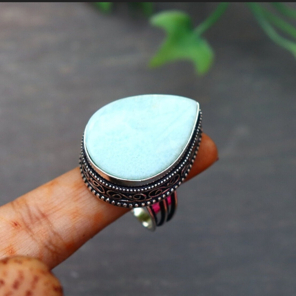 Stunning Larimar Ring/ 9 1/4 US Size Vintage Ring/ Silver Plated